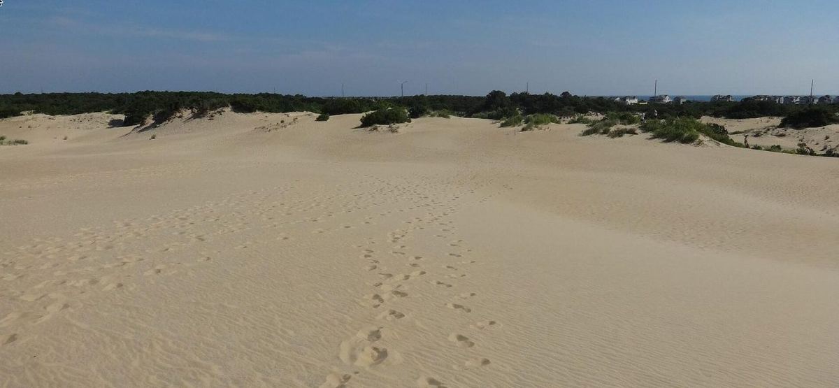 A line of footprints running up a long open slope of sand toward the ridge
